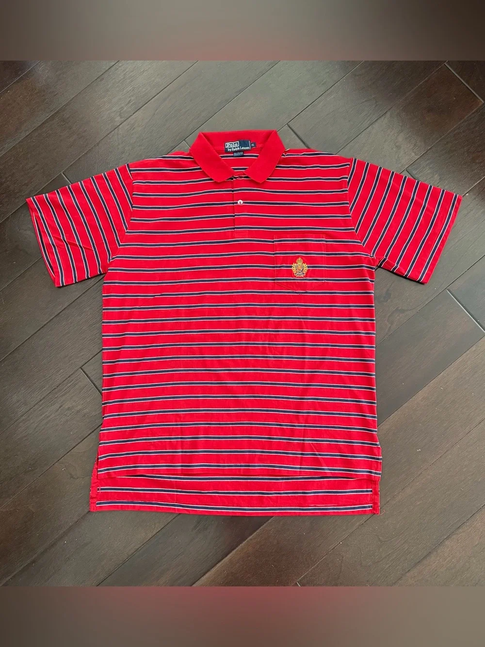 Vintage Ralph Lauren Polo Striped Shirt Crest Red Blue Mens XL EUC